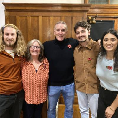 Iolo Williams with Coleg Meirion-Dwyfor lecturer Barbara Morgan and former students Rob Whittey, Osian Lewis-Smith and Rabia Ali