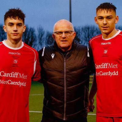 Welsh colleges players Morgan Davies and Osian Morris with manager and Coleg Menai lecturer Marc Lloyd Williams