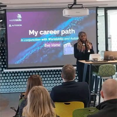 Coleg Menai lecturer Eva Voma talking about her career path at a conference at Autodesk’s UK manufacturing headquarters in Birmingham