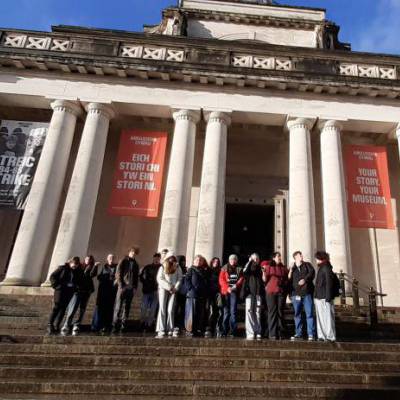 Coleg Meirion-Dwyfor students outside Amgueddfa Cymru in Cardiff