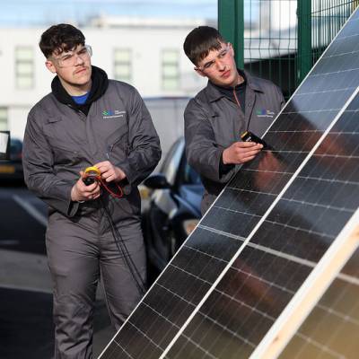 Coleg Llandrillo students working on a solar panel during the Skills Competition Wales renewable energy competition at the Rhyl campus