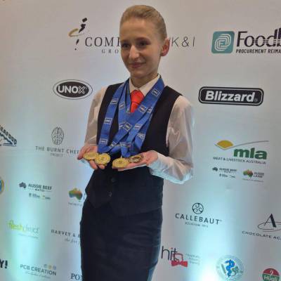 Coleg Llandrillo student Yuliia Batrak with her four gold medals from International Salon Culinaire